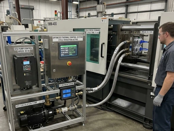 Optimized injection molding temperature controller setup with variable frequency pump and electronic flow monitoring for reduced cycle time Optimized injection molding temperature controller setup with variable frequency pump and electronic flow monitoring for reduced cycle time