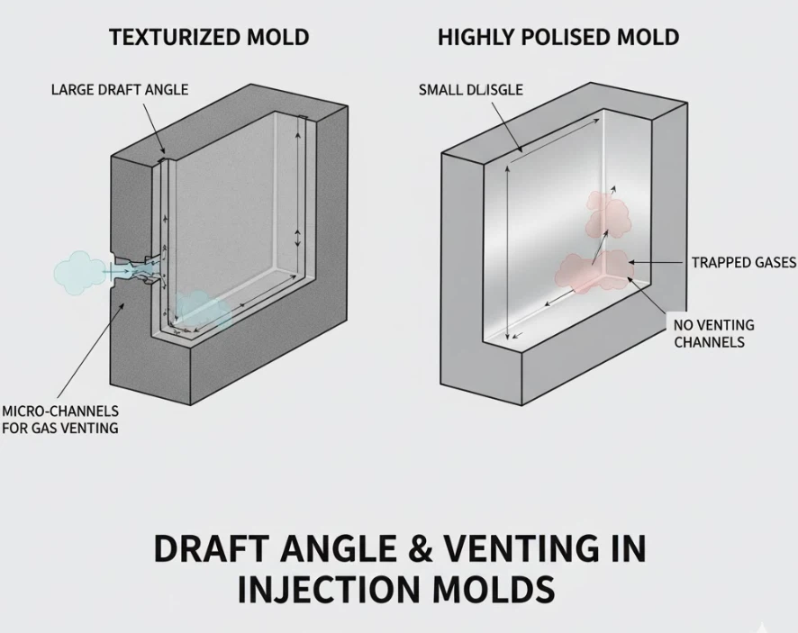 Technical illustration of draft angle interactions and micro-channels for venting trapped gases in textured versus highly polished injection molds. Technical illustration of draft angle interactions and micro-channels for venting trapped gases in textured versus highly polished injection molds.