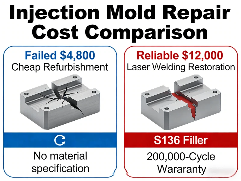 Injection mold repair cost comparison showing a failed $4,800 cheap refurbishment versus a reliable $12,000 laser welding restoration with S136 filler and 200,000-cycle warranty Injection mold repair cost comparison showing a failed $4,800 cheap refurbishment versus a reliable $12,000 laser welding restoration with S136 filler and 200,000-cycle warranty
