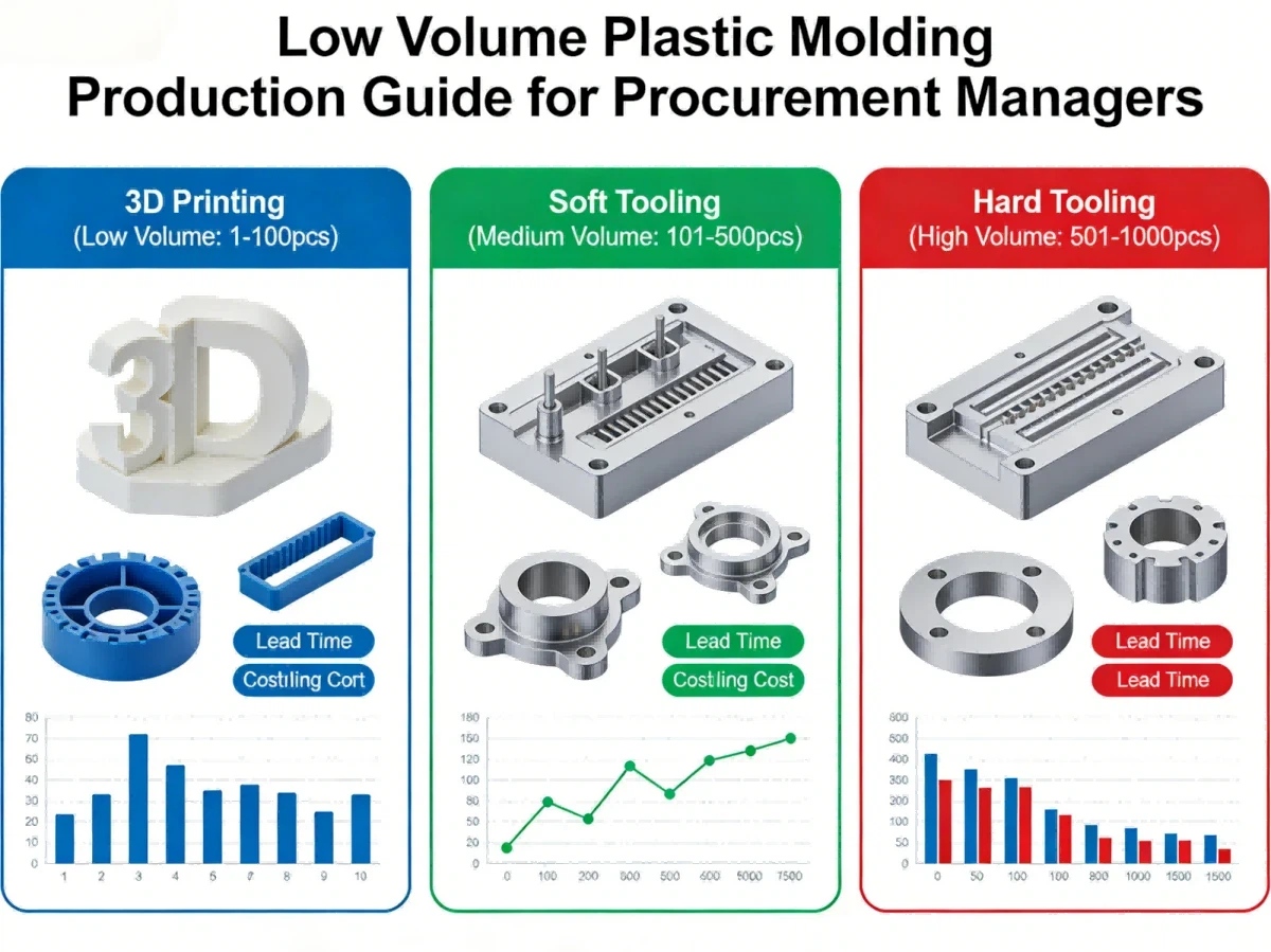 Low volume plastic molding production parts showing different tooling strategies and production volumes for procurement managers Low volume plastic molding production parts showing different tooling strategies and production volumes for procurement managers