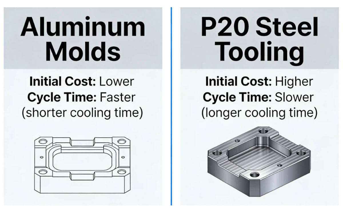 Comparison between aluminum molds and P20 steel tooling for plastic injection molding highlighting cost and cycle time differences Comparison between aluminum molds and P20 steel tooling for plastic injection molding highlighting cost and cycle time differences