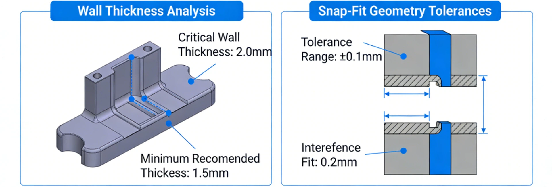 Design for Manufacturability DFM review process for plastic molding showing wall thickness analysis and snap-fit geometry tolerances Design for Manufacturability DFM review process for plastic molding showing wall thickness analysis and snap-fit geometry tolerances