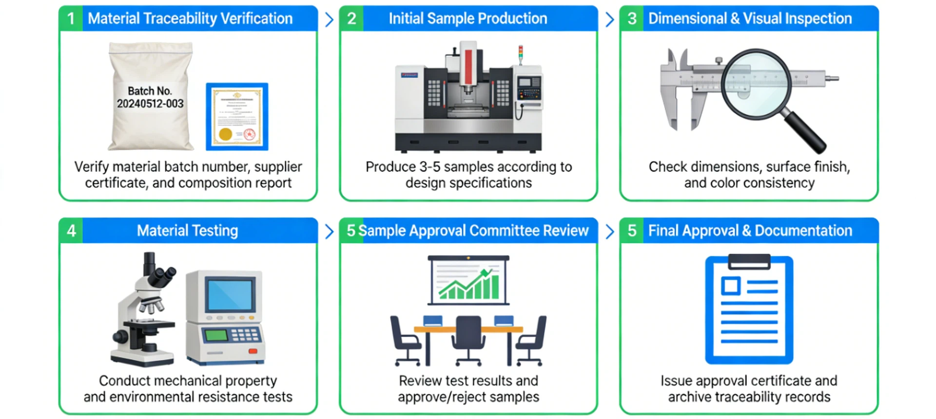 First-article inspection and quality control process for low volume plastic molding ensuring material traceability and sample approval First-article inspection and quality control process for low volume plastic molding ensuring material traceability and sample approval